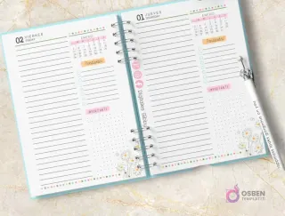 Agenda espiralada abierta con diseño de margaritas. Muestra un planificador diario para 'Viernes 02 Enero' y 'Jueves 01 Enero' con secciones para pendientes e importantes. Con 'Digitales Gibby' watermark.