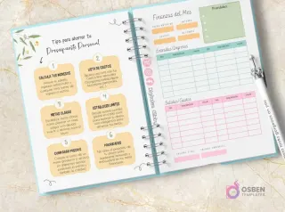 Agenda espiralada abierta con diseño de margaritas. Muestra una sección de 'Finanzas del Mes' y 'Tips para ahorrar tu Presupuesto Personal' con listas de gastos y entradas.