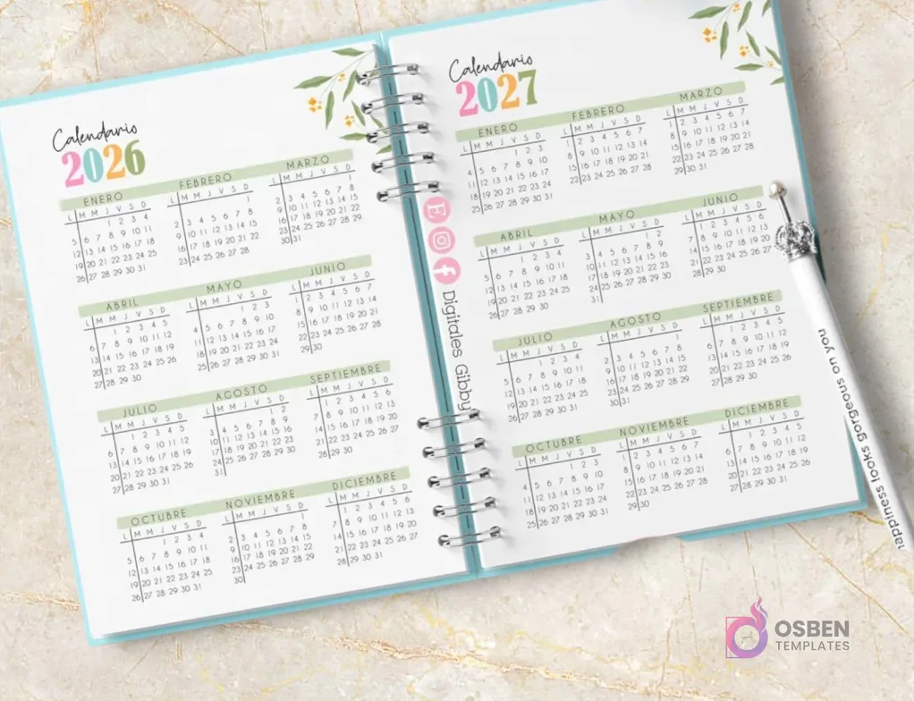 Agenda espiralada abierta con diseño de margaritas. Muestra calendarios completos para los años 2026 y 2027.