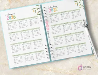 Agenda espiralada abierta con diseño de margaritas. Muestra calendarios completos para los años 2026 y 2027.