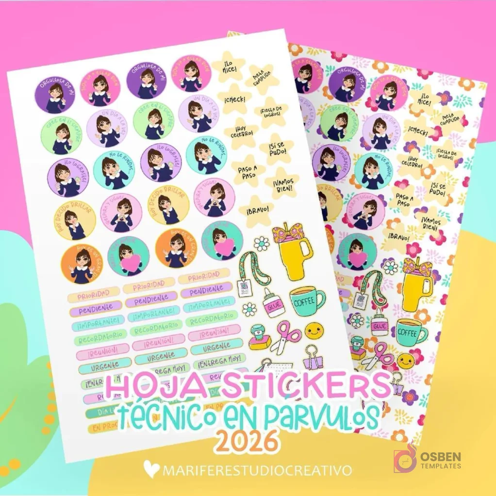 Hoja de stickers imprimibles para 'Técnico en Párvulos 2026' con ilustraciones de una niña caricatura y elementos de oficina como café y tijeras. Fondo rosa floral.