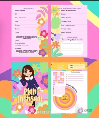 Portada 'Plan Mensual Técnico en Párvulos' y páginas interiores con 'Datos personales', 'Datos del jardín infantil' y un 'Tracker Mental'.