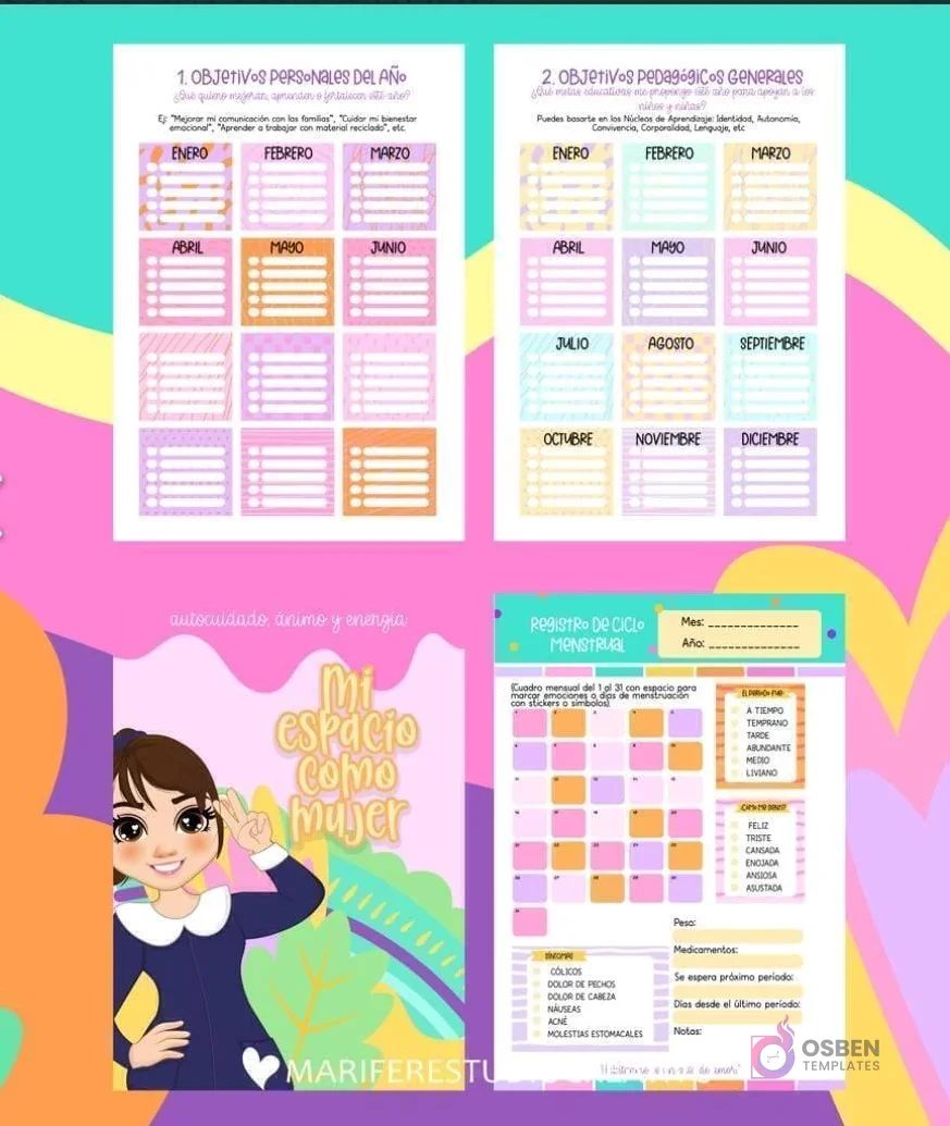 Páginas interiores de agenda 'Técnico en Párvulos' con 'Objetivos Personales del Año', 'Objetivos Pedagógicos Generales' y una portada 'Mi espacio como mujer' con registro de ciclo menstrual.