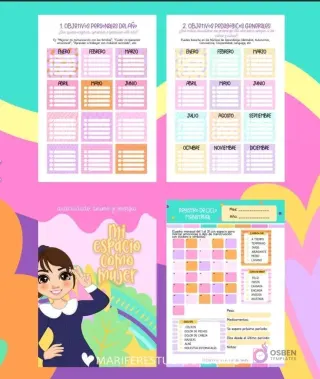 Páginas interiores de agenda 'Técnico en Párvulos' con 'Objetivos Personales del Año', 'Objetivos Pedagógicos Generales' y una portada 'Mi espacio como mujer' con registro de ciclo menstrual.