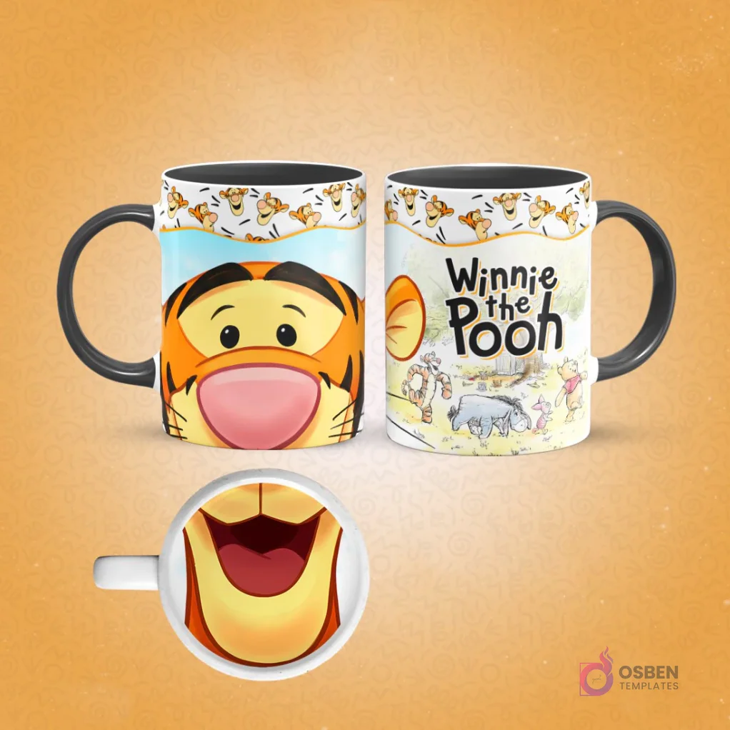 Plantilla de sublimación para taza de Tigger, mostrando su rostro completo y un acercamiento a su boca sonriente en el interior, con asas y borde negros, sobre un fondo naranja.