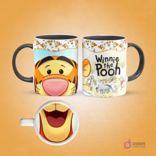 Plantilla de sublimación para taza de Tigger, mostrando su rostro completo y un acercamiento a su boca sonriente en el interior, con asas y borde negros, sobre un fondo naranja.