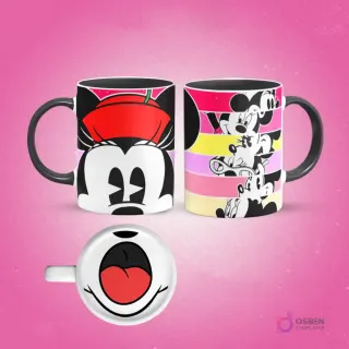 Plantilla de sublimación para taza de Minnie Mouse con un gorro rojo y su rostro completo, mostrando un primer plano de su boca abierta sonriendo en el interior, asas y borde negros, sobre un fondo rosa.
