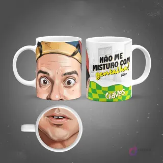 Plantilla de sublimación para taza de Quico del Chavo del 8, con su rostro completo y una expresión de asombro, y un detalle de su boca en el interior, asas y borde blancos, sobre un fondo gris.