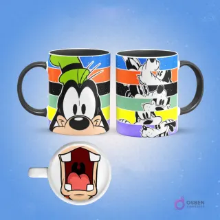 Plantilla de sublimación para taza de Goofy, mostrando su rostro sonriente con gorro verde y un acercamiento de su boca abierta con dientes visibles en el interior, asas y borde negros, sobre un fondo azul.