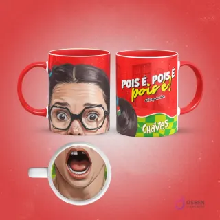 Plantilla de sublimación para taza de La Chilindrina del Chavo del 8, con su rostro asombrado y un detalle de su boca abierta con un diente faltante en el interior, asas y borde rojos, sobre un fondo rojo.