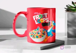 Taza de cerámica color rojo brillante sublimada con el diseño del cereal Froot Loops de Kellogg's, con Toucan Sam, en un mockup.