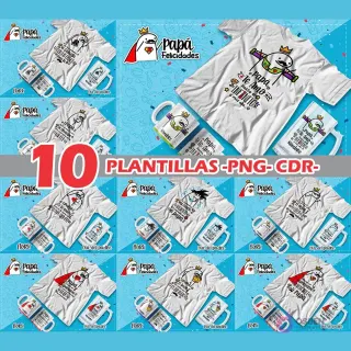 Pack de 10 plantillas Flork para sublimación de tazas y poleras del Día del Padre, mostrando varios diseños populares y mensajes de amor. Incluye logo 'Papá Felicidades'.