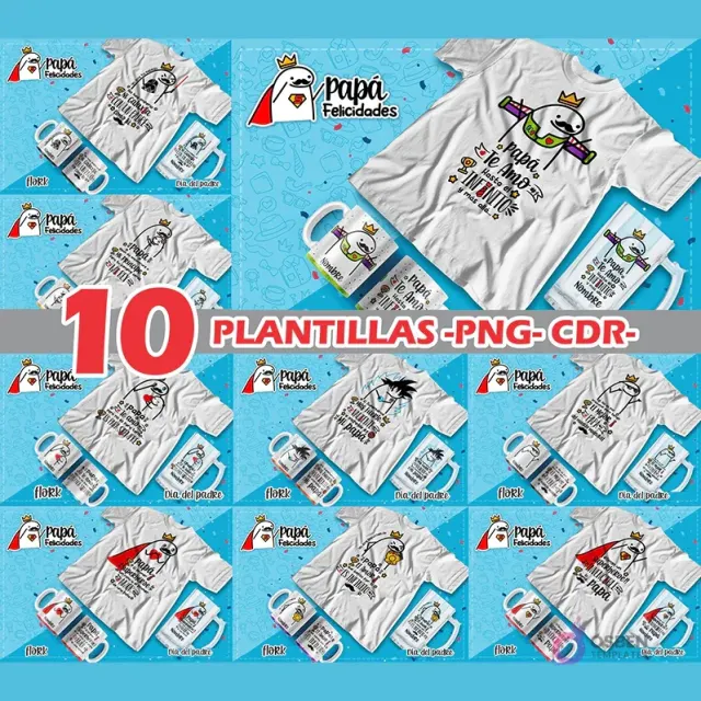 Pack de 10 plantillas Flork para sublimación de tazas y poleras del Día del Padre, mostrando varios diseños populares y mensajes de amor. Incluye logo 'Papá Felicidades'.