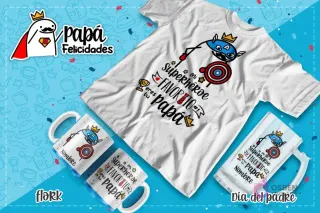 Plantilla Flork disfrazado de Capitán América con la frase 'Mi superhéroe favorito eres tú, papá' para sublimar tazas y poleras, con fondo azul.