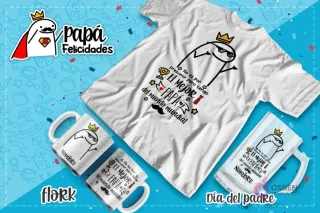 Plantilla Flork con bigote y trofeo, mensaje 'El mejor papá del mundo mundial' para sublimación en tazas y poleras.