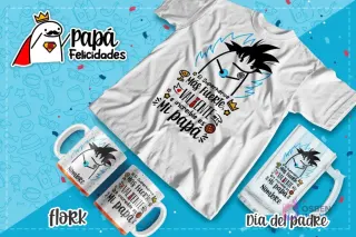 Plantilla Flork como Goku Super Saiyajin con la frase 'El superhéroe más fuerte, valiente e increíble es mi papá' para sublimación de regalos.