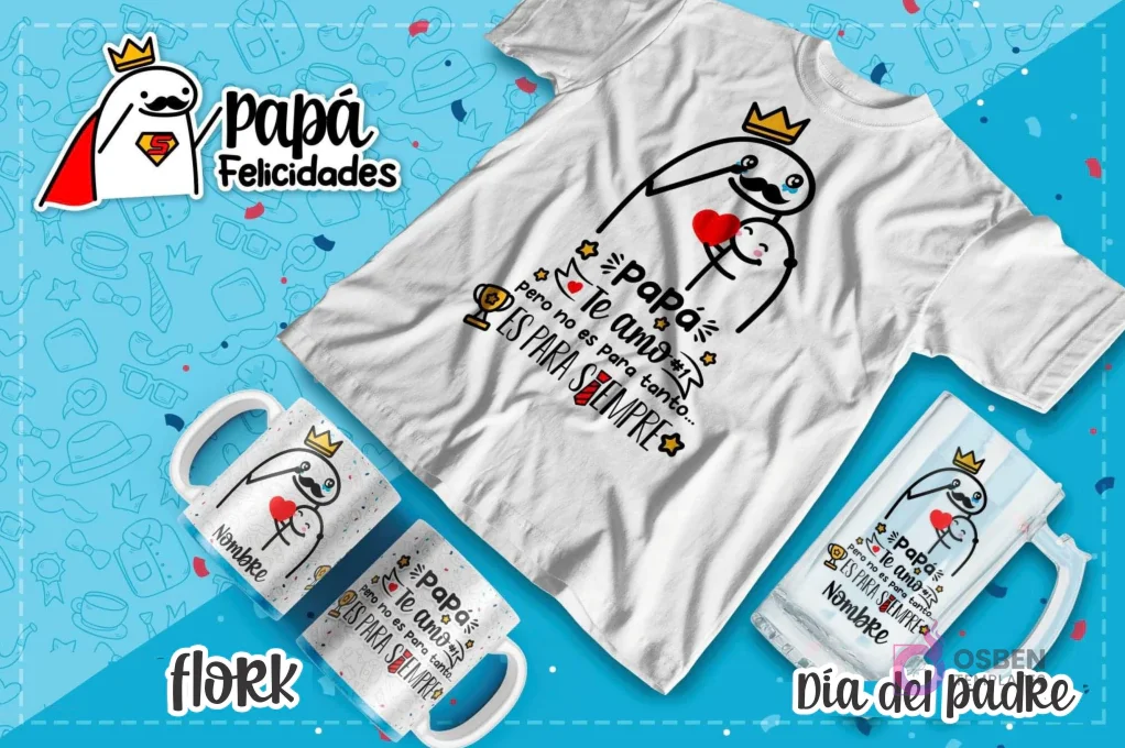 Plantilla Flork con bebé en brazos y corazón, mensaje 'Papá, te amo, pero no es para tanto... es para siempre' para sublimación.