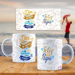 Mockup de dos tazas sublimadas con diseños del Día del Padre: 'Dios bendice a mi padre' y 'Feliz Día Papá', con un fondo de playa y un padre jugando con su hijo. Incluye vista previa de la plantilla completa.