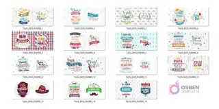 Cuadrícula con 15 miniaturas de las plantillas de sublimación incluidas para tazas del Día del Padre, mostrando una variedad de frases cristianas y diseños como 'Ser tu hijo es el mejor regalo' y 'Feliz Día Papá'.