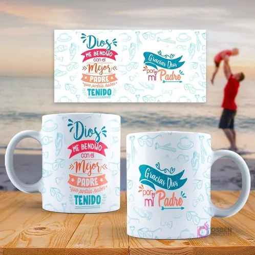 Mockup de dos tazas sublimadas con diseños del Día del Padre: 'Dios me bendijo con el mejor padre que podría haber tenido' y 'Gracias Dios por mi padre', con un fondo de playa y padre e hijo.