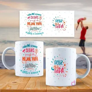 Mockup de dos tazas sublimadas con diseños del Día del Padre: 'Para mí siempre serás el mejor papá del mundo, Dios te bendiga' y 'Feliz Día Papá' con estrellas, en un ambiente playero.