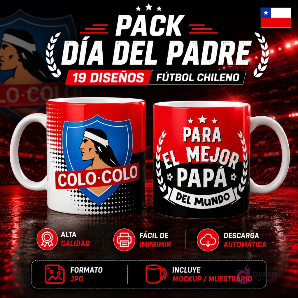 Dos tazas sublimadas del Día del Padre con temática de fútbol chileno. Una taza de Colo-Colo y otra con la frase 'Para el mejor papá del mundo'. Iconos de alta calidad, fácil de imprimir, descarga automática, formato JPG y mockups incluidos.