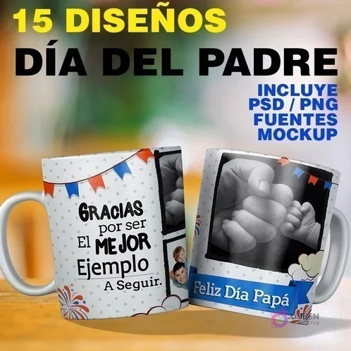 Mockup de dos tazas sublimadas para el Día del Padre mostrando diseños de collage con fotos familiares y frases emotivas, destacando el pack de 15 plantillas PSD y PNG.