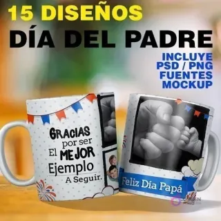 Mockup de dos tazas sublimadas para el Día del Padre mostrando diseños de collage con fotos familiares y frases emotivas, destacando el pack de 15 plantillas PSD y PNG.