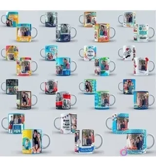 Panel de 25 tazas de sublimación mostrando la variedad de los 15 diseños del pack del Día del Padre, con collages y mensajes personalizados.