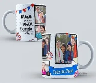 Taza de sublimación con diseño del Día del Padre con mensaje 'Gracias por ser el mejor ejemplo a seguir' y espacio para collage de fotos familiares, decorada con banderines festivos y fuegos artificiales.