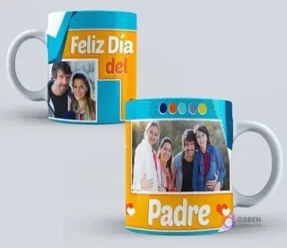 Taza sublimada para el Día del Padre con un diseño moderno en tonos azules y naranjas, incluyendo la frase 'Feliz Día del Padre' y un amplio espacio para una foto familiar.