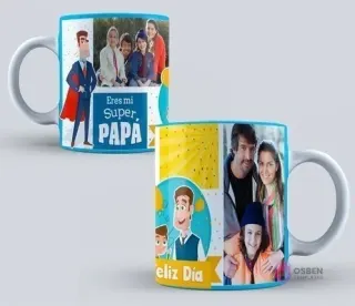 Taza de sublimación con diseño de superhéroe para el Día del Padre, con la frase 'Eres mi Super PAPA' y una ilustración de un padre héroe en colores amarillo y azul.