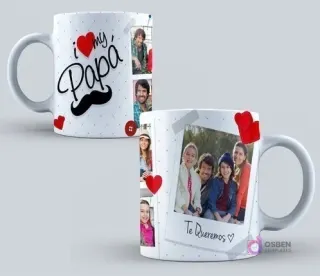 Taza de sublimación con diseño minimalista 'I ♥ my Papa' y un bigote, con un marco tipo Polaroid para fotos familiares y corazones rojos decorativos.