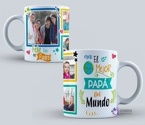 Taza sublimada con el mensaje 'eres El Mejor PAPÁ Del Mundo' y un diseño alegre con marcos coloridos y elementos gráficos como un globo terráqueo y estrellas.