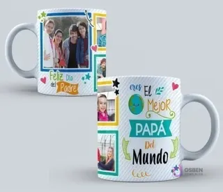 Taza sublimada con el mensaje 'eres El Mejor PAPÁ Del Mundo' y un diseño alegre con marcos coloridos y elementos gráficos como un globo terráqueo y estrellas.