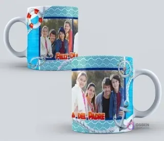 Taza de sublimación con diseño náutico para el Día del Padre, featuring un ancla, un salvavidas y patrones de olas azules, con espacio para fotos familiares.