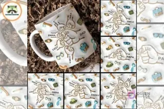 Collage de una taza sublimada y cinco variantes de diseños de puños familiares para el Día del Padre, con nombres como Dad, Papa y Dada.