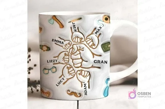 Taza sublimada individual con plantilla de puños familiares del Día del Padre, destacando nombres como Jack, Max, Emma y Adam con iconos de papá.