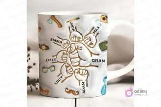 Taza sublimada individual con plantilla de puños familiares del Día del Padre, destacando nombres como Jack, Max, Emma y Adam con iconos de papá.