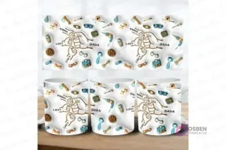 Vista de una plantilla de sublimación completa y tres tazas mostrando el diseño de puños familiares con nombres como Emma, Lizzy y Dada.