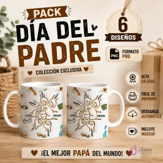 Imagen promocional del Pack de 6 Plantillas para Tazas Día del Padre con diseño de puños familiares, mostrando dos tazas sublimadas con nombres y elementos masculinos.