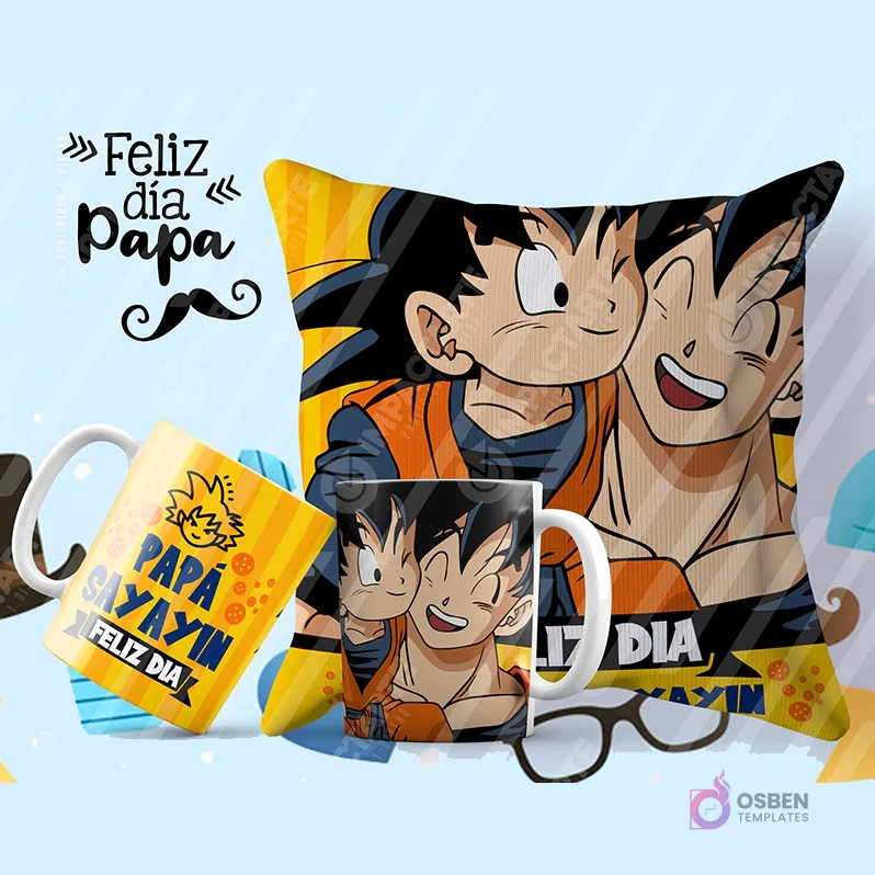 Tazas y cojín de sublimación con diseño de Goku padre e hijo para el Día del Padre, fondo celeste con la frase 'Feliz día Papá' y un bigote.