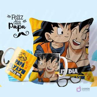 Tazas y cojín de sublimación con diseño de Goku padre e hijo para el Día del Padre, fondo celeste con la frase 'Feliz día Papá' y un bigote.