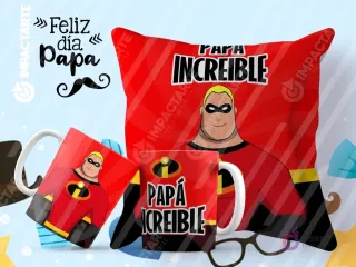 Tazas y cojín de sublimación rojos con diseño de Mr. Increíble y la frase 'Papá Increíble' para el Día del Padre.