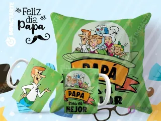 Tazas y cojín de sublimación verdes con diseño de Los Supersónicos y la frase 'Papá eres el mejor' para el Día del Padre.