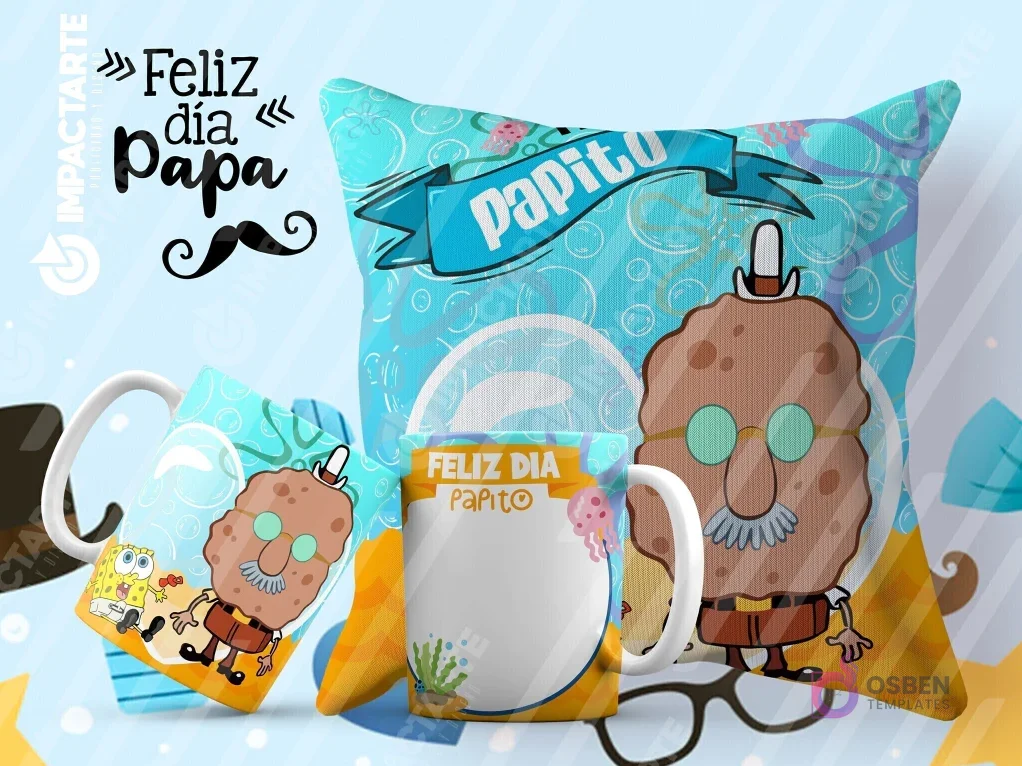 Tazas y cojín de sublimación celestes con diseño de Patricio Estrella como Papito y la frase 'Feliz Día Papito' para el Día del Padre.