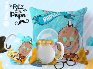 Tazas y cojín de sublimación celestes con diseño de Patricio Estrella como Papito y la frase 'Feliz Día Papito' para el Día del Padre.