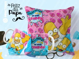 Tazas y cojín de sublimación rosas con diseño de Homero Simpson, Bart y donas, con la frase humorística 'Gracias Papá por no usar condón'.
