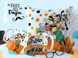 Tazas y cojín de sublimación blancos con puntos de colores, diseño de Goofy y Max y la frase 'Mi Papá es mi Héroe'.