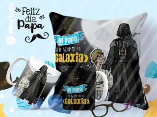 Tazas y cojín de sublimación oscuros con diseño de Darth Vader y Luke Skywalker de Star Wars, con la frase 'Mi papá es el mejor de la galaxia'.
